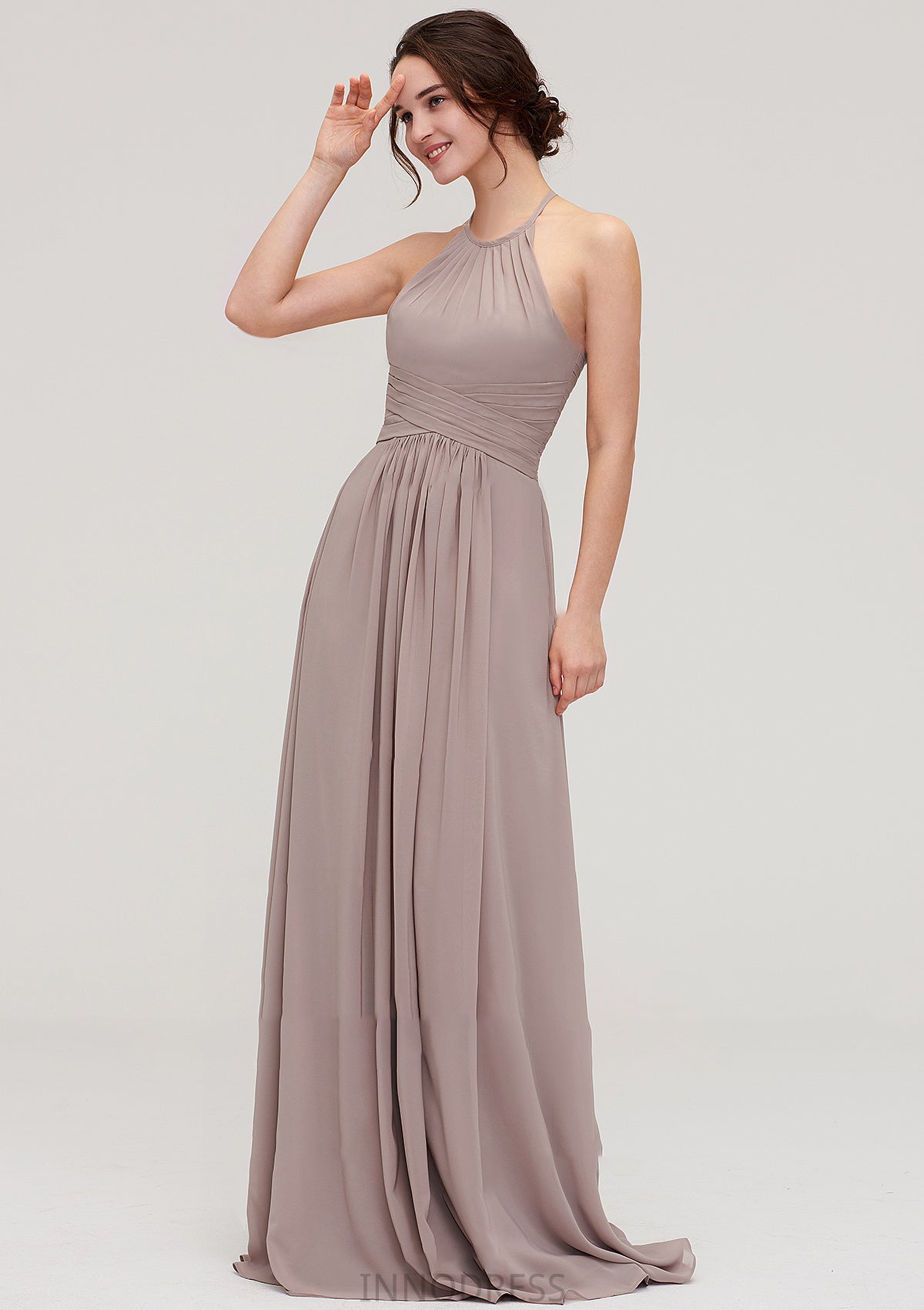 Scoop Neck Sleeveless A-line/Princess Chiffon Long/Floor-Length Bridesmaid Dresseses With Pleated Marcia DPP0025399