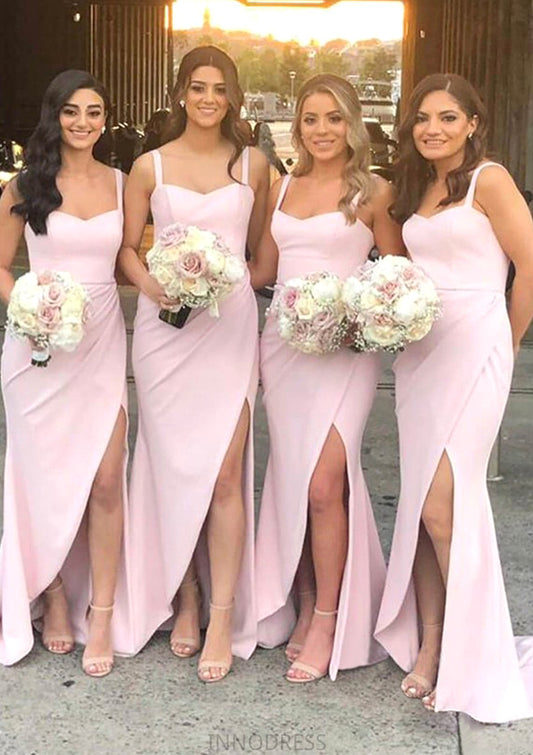 Sheath/Column Sweetheart Sleeveless Sweep Train Elastic Satin Bridesmaid Dresses With Pleated Split Mina DPP0025400