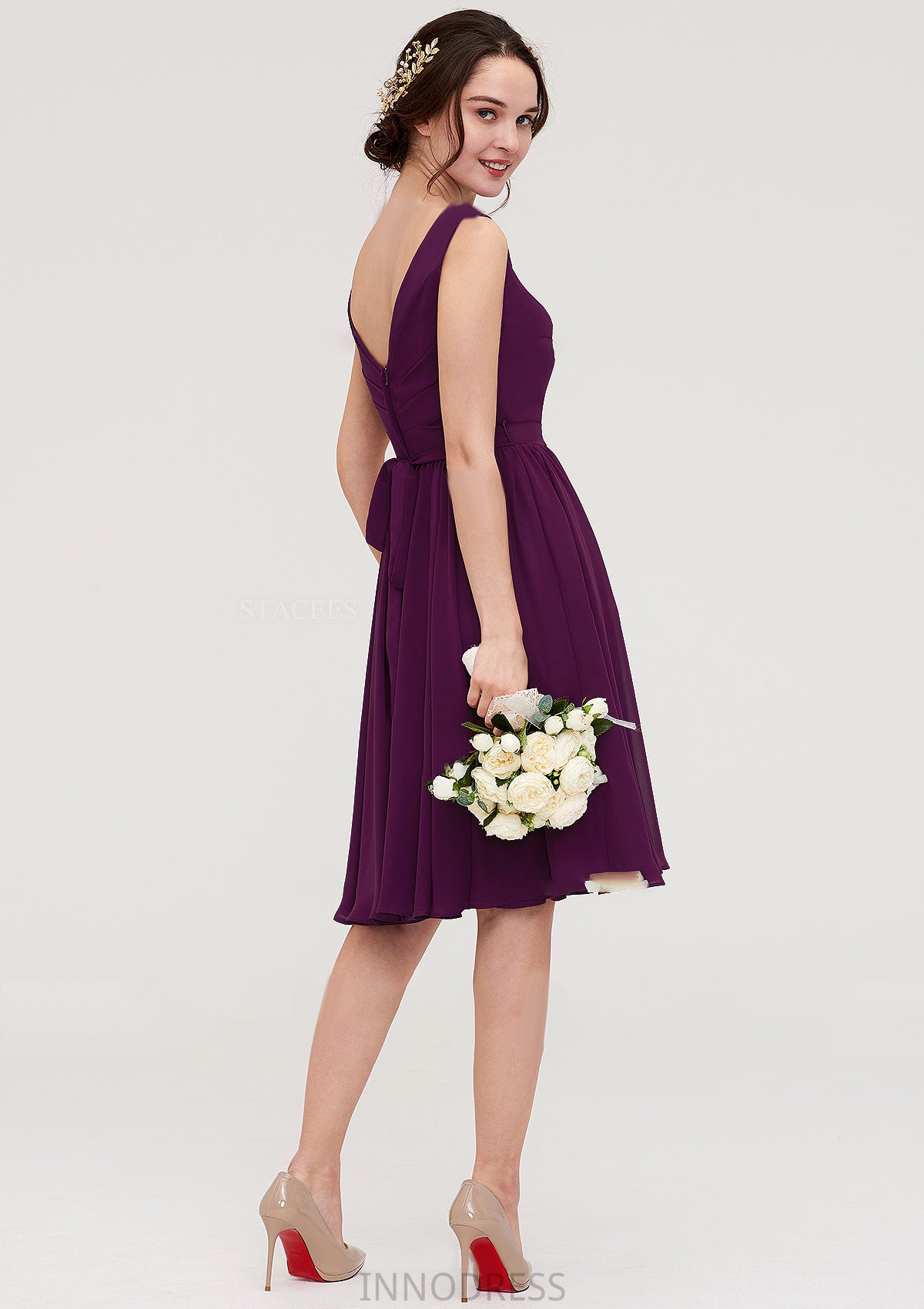 Sleeveless V Neck Chiffon A-line/Princess Knee-Length Bridesmaid Dresses With Pleated Destinee DPP0025401