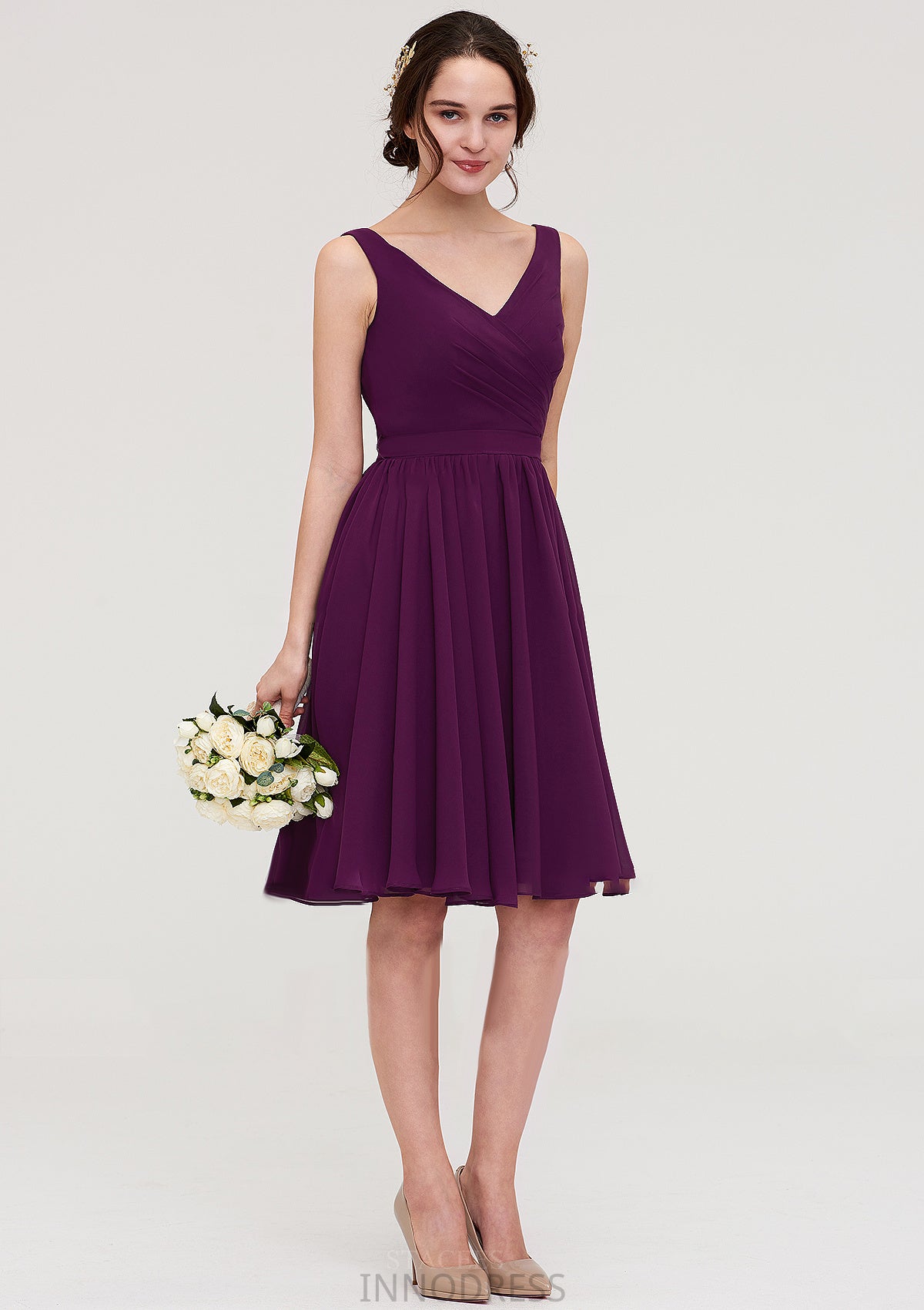 Sleeveless V Neck Chiffon A-line/Princess Knee-Length Bridesmaid Dresses With Pleated Destinee DPP0025401