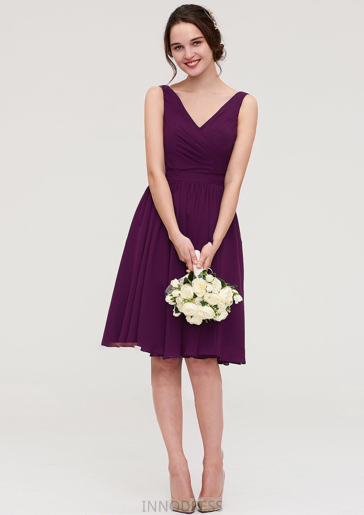 Sleeveless V Neck Chiffon A-line/Princess Knee-Length Bridesmaid Dresses With Pleated Destinee DPP0025401