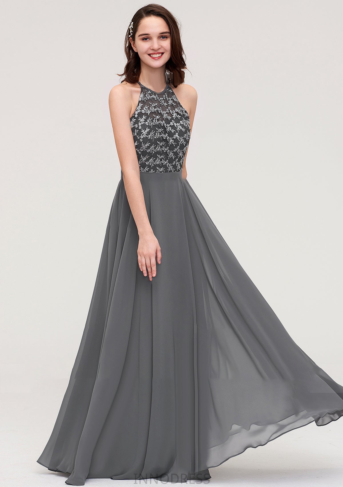 A-line/Princess Halter Long/Floor-Length Chiffon A-line/Princess Bridesmaid Dresses With Appliqued Karli DPP0025402