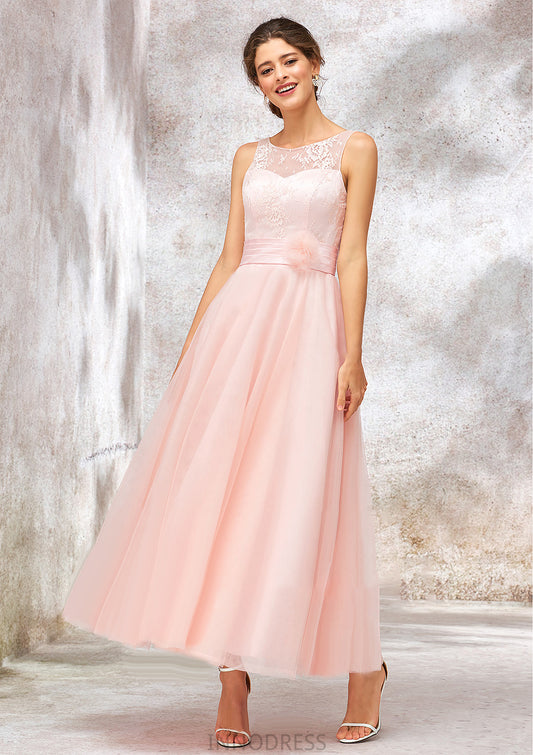 Bateau Sleeveless Tea-Length Tulle A-line/Princess Bridesmaid Dresses With Waistband Lace Cassidy DPP0025403