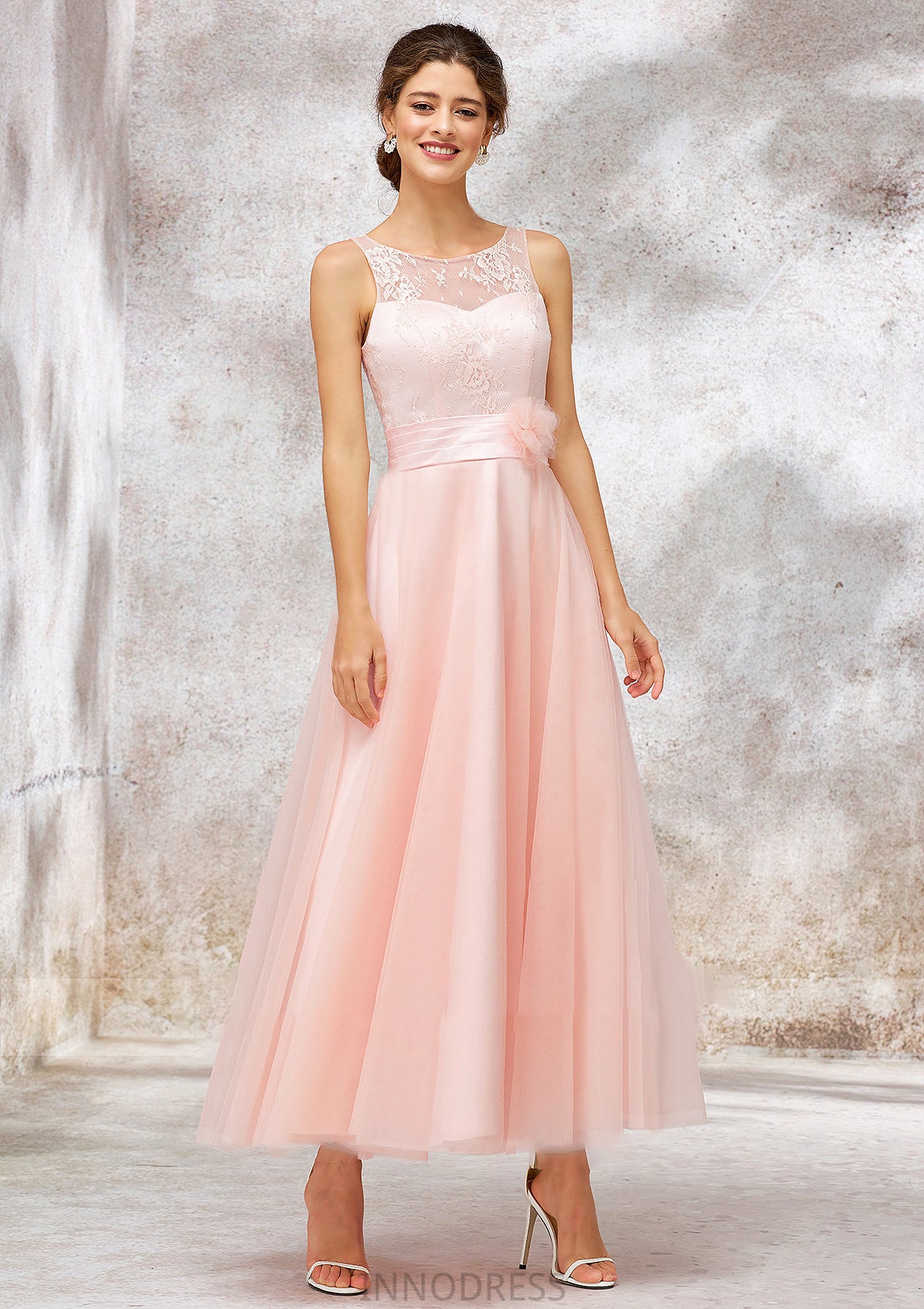 Bateau Sleeveless Tea-Length Tulle A-line/Princess Bridesmaid Dresses With Waistband Lace Cassidy DPP0025403