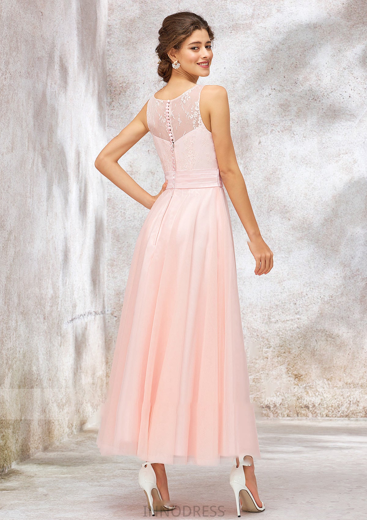 Bateau Sleeveless Tea-Length Tulle A-line/Princess Bridesmaid Dresses With Waistband Lace Cassidy DPP0025403