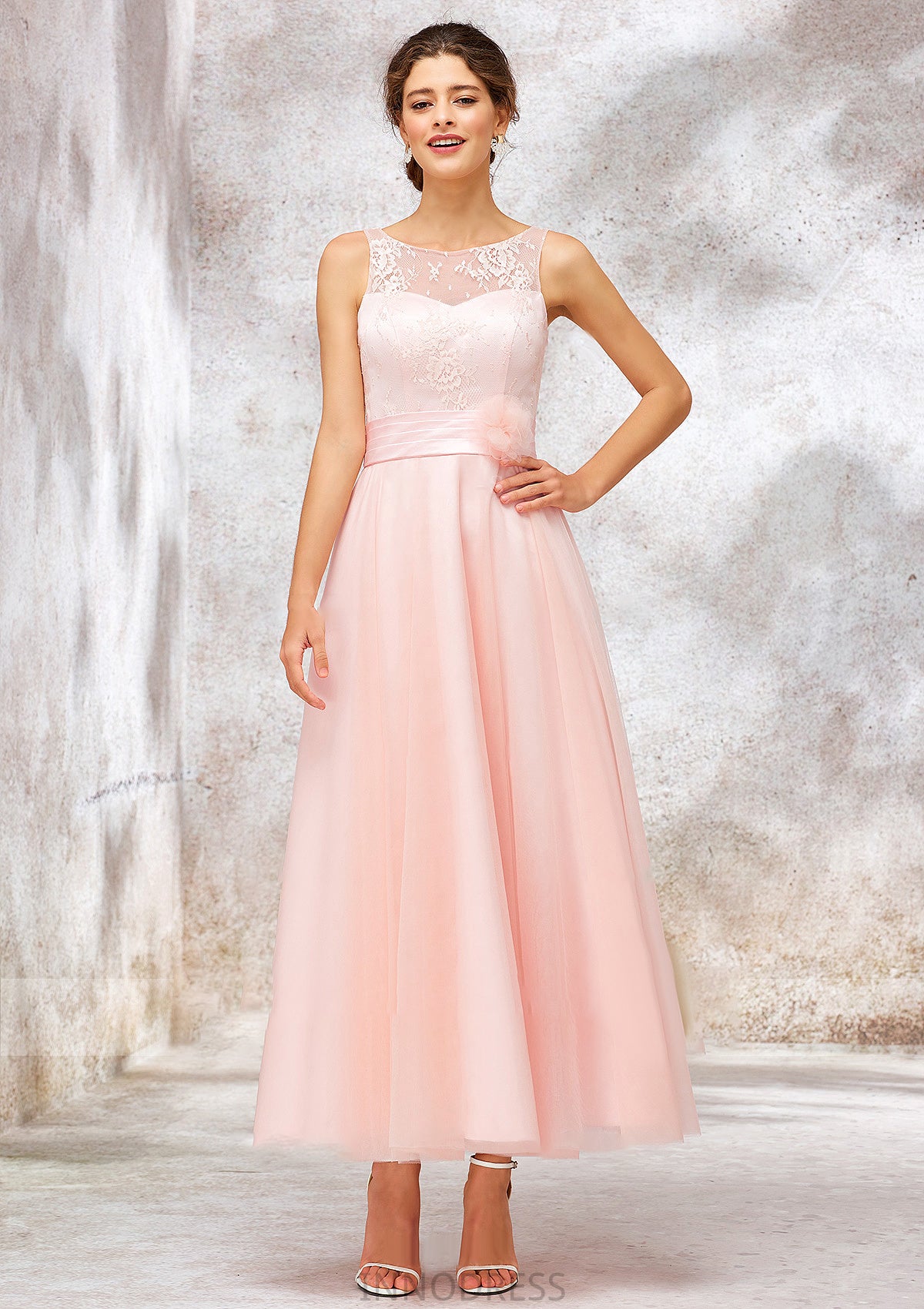 Bateau Sleeveless Tea-Length Tulle A-line/Princess Bridesmaid Dresses With Waistband Lace Cassidy DPP0025403