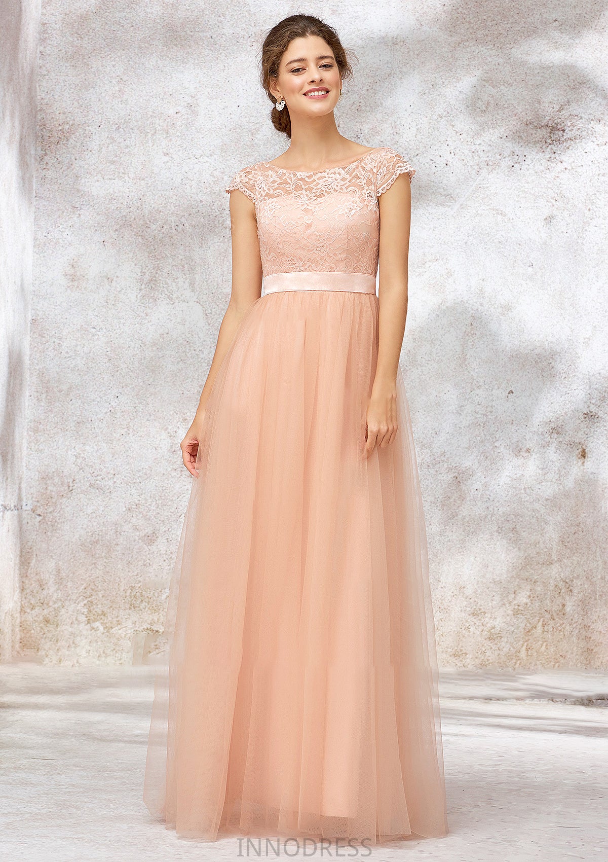 Sleeveless Bateau Long/Floor-Length Tulle A-line/Princess Bridesmaid Dresses With Sashes Lace Jaylen DPP0025405