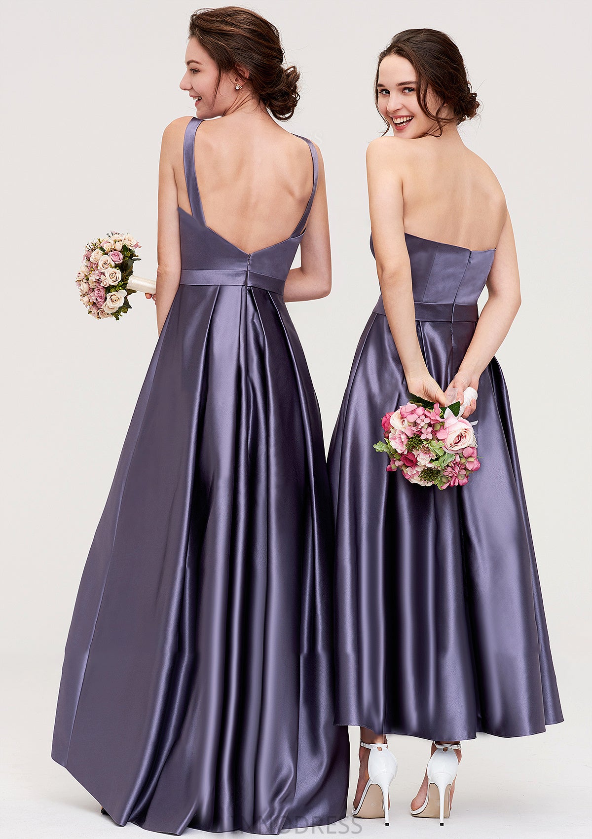 Sleeveless Bateau Ankle-Length Satin A-line/Princess Bridesmaid Dresses With Pleated Hadley DPP0025409