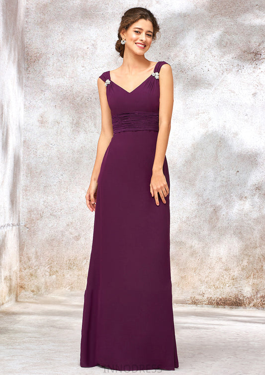 V Neck Sleeveless Long/Floor-Length Sheath/Column Chiffon Bridesmaid Dresses With Sashes Pleated Beading Miranda DPP0025412