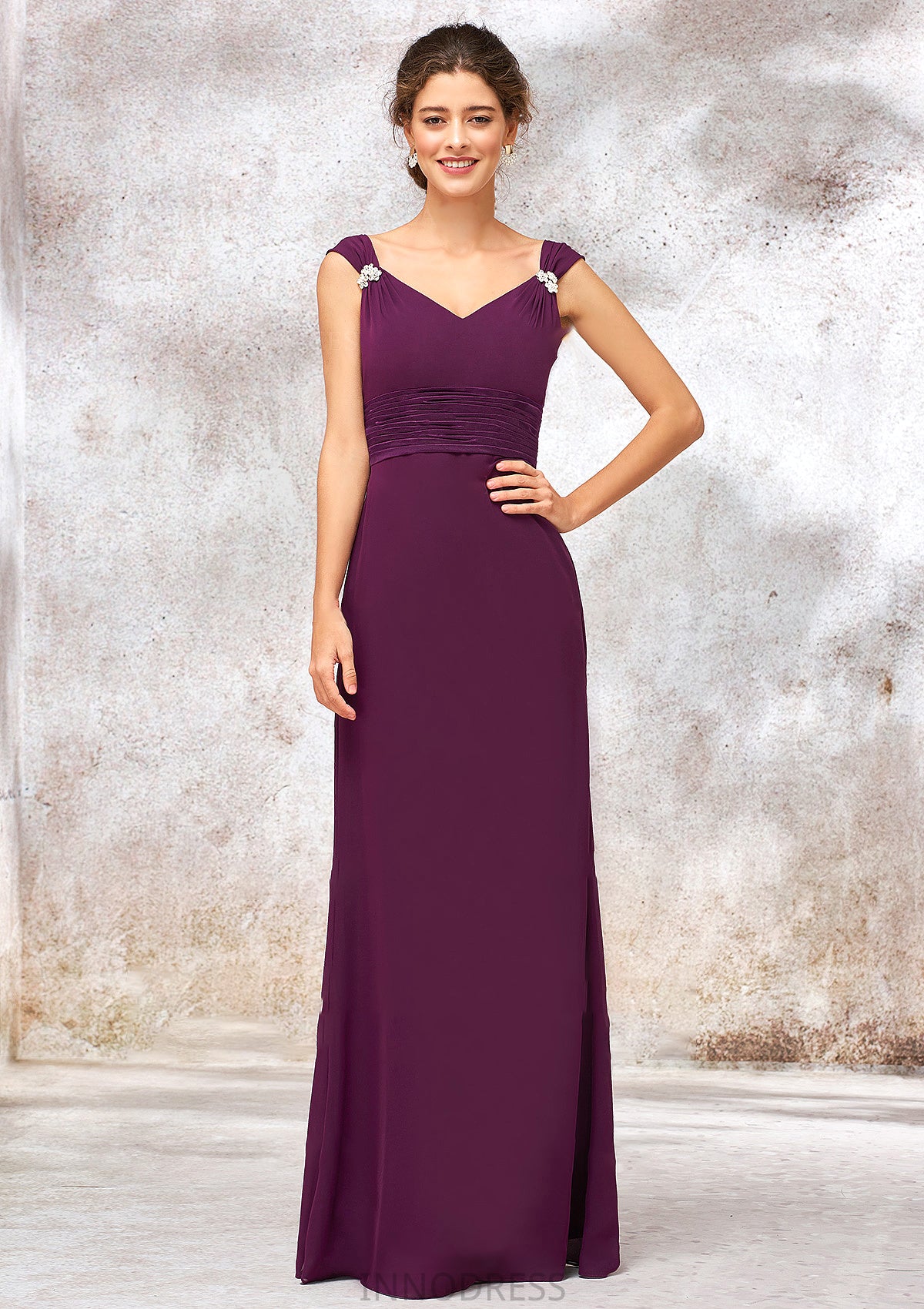 V Neck Sleeveless Long/Floor-Length Sheath/Column Chiffon Bridesmaid Dresses With Sashes Pleated Beading Miranda DPP0025412