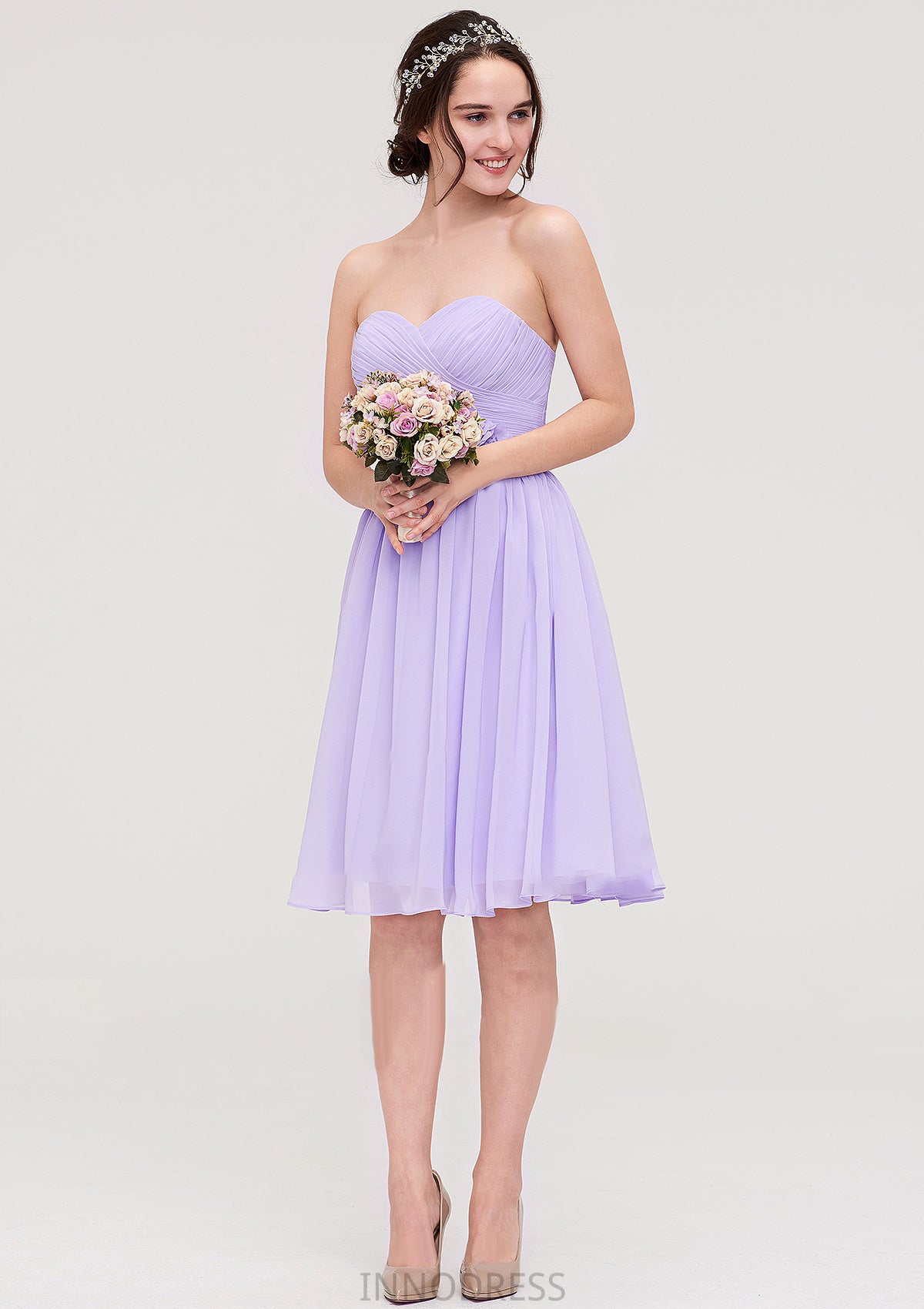 Sleeveless Sweetheart Chiffon Knee-Length A-line/Princess Bridesmaid Dresses With Pleated Flowers Fernanda DPP0025413