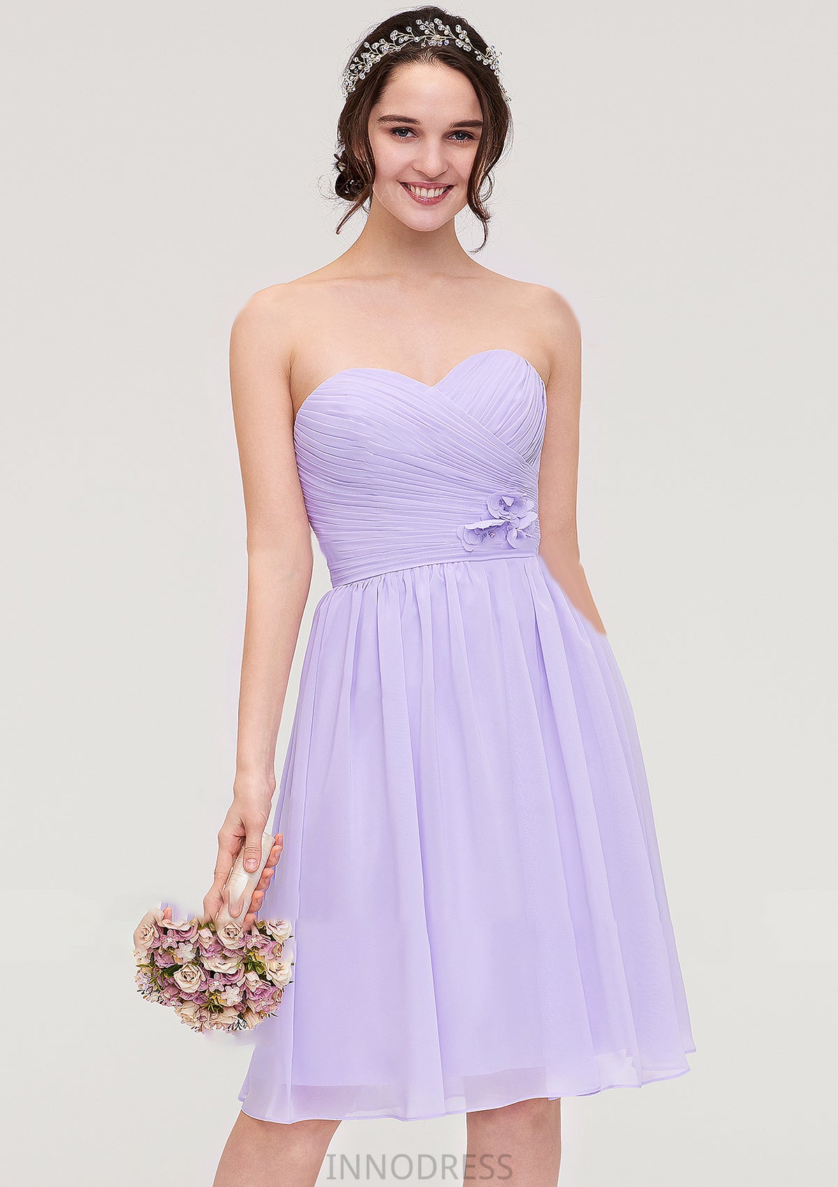 Sleeveless Sweetheart Chiffon Knee-Length A-line/Princess Bridesmaid Dresses With Pleated Flowers Fernanda DPP0025413