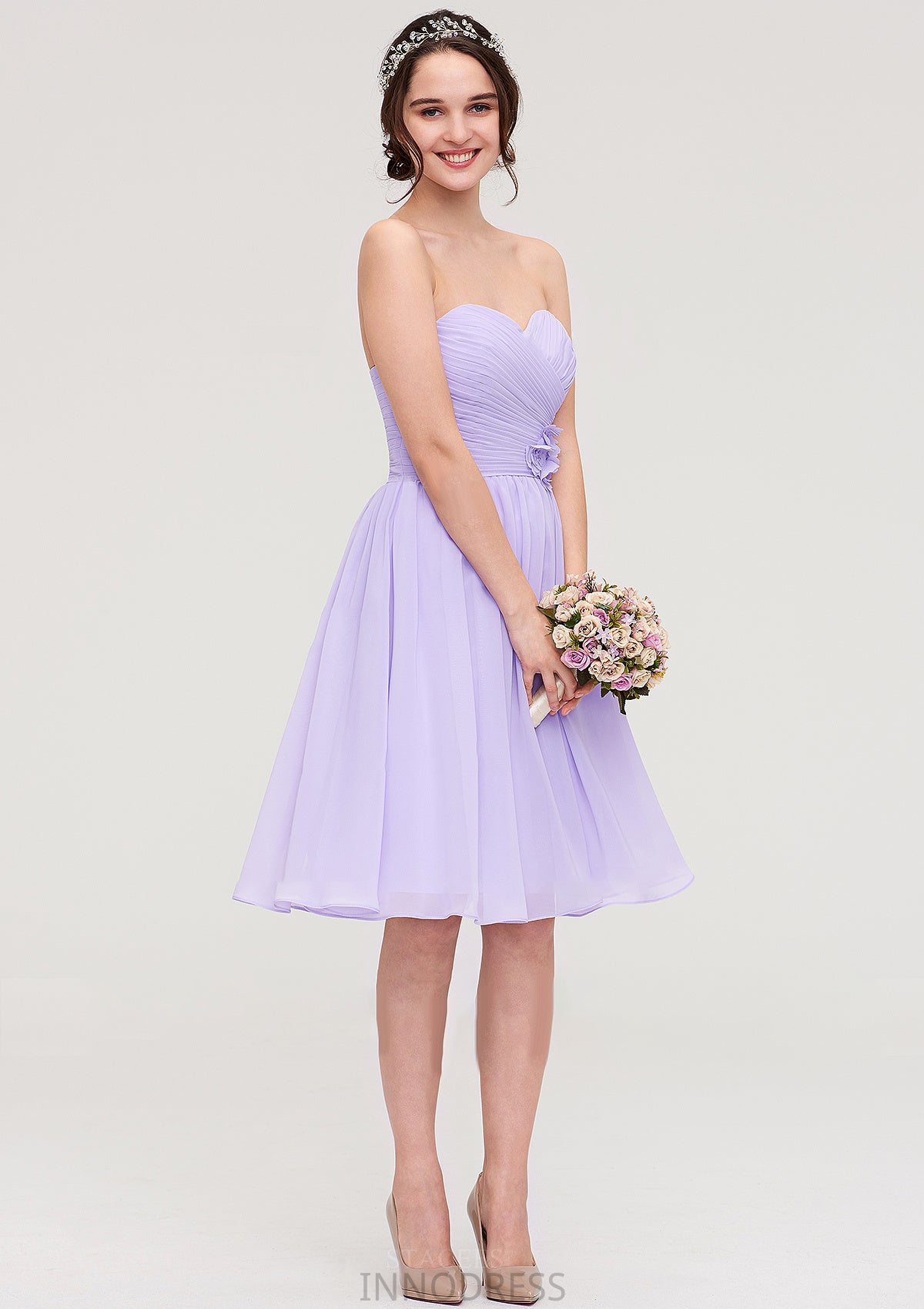 Sleeveless Sweetheart Chiffon Knee-Length A-line/Princess Bridesmaid Dresses With Pleated Flowers Fernanda DPP0025413