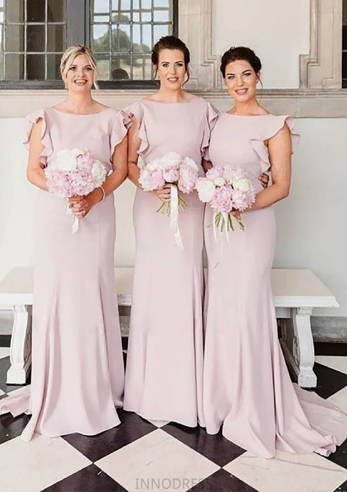 Sheath/Column Scoop Neck Sleeveless Sweep Train Elastic Satin Bridesmaid Dresses With Ruffles Essence DPP0025415