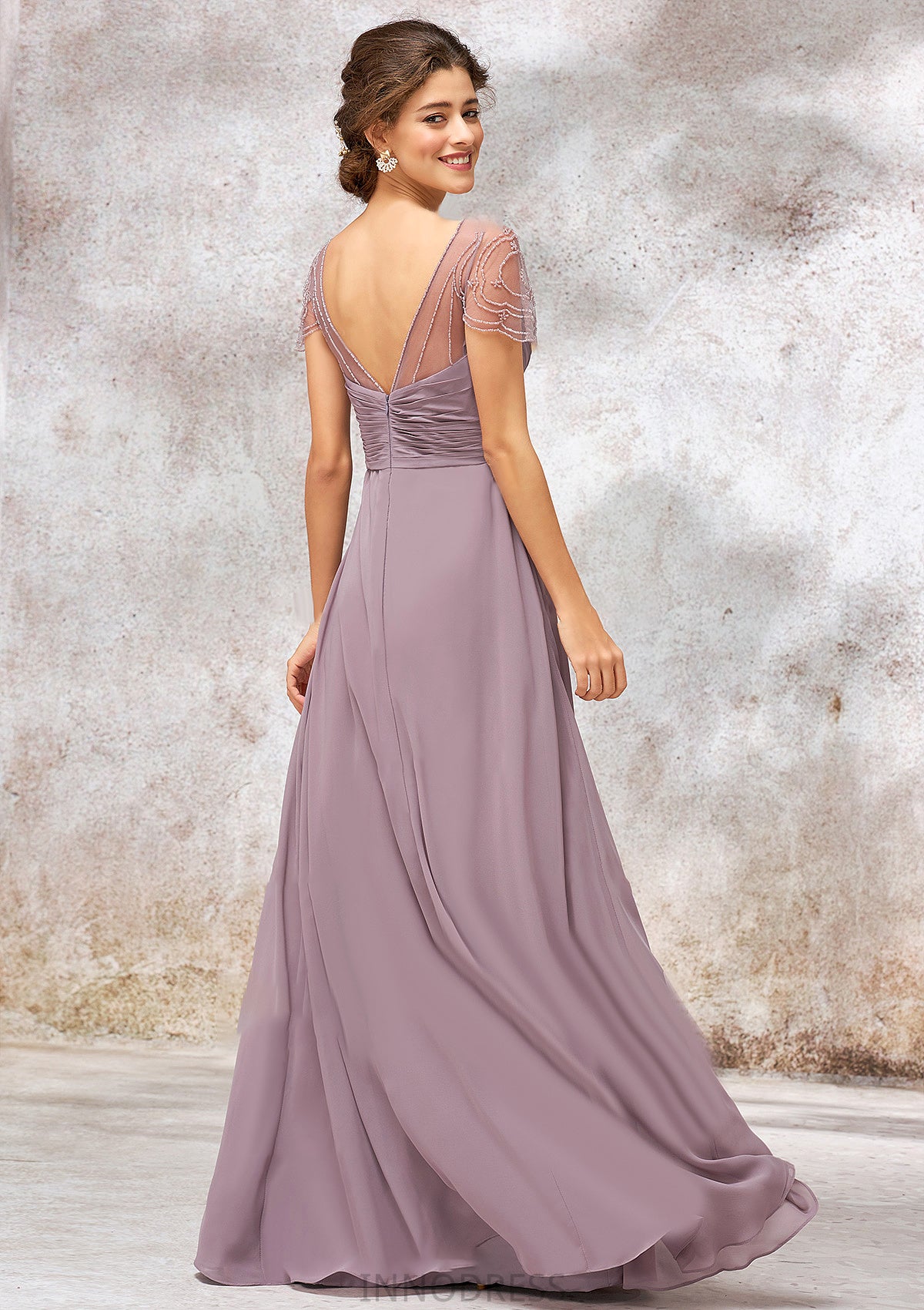 V Neck Long/Floor-Length Chiffon A-line/Princess Bridesmaid Dresses With Pleated Beading Felicity DPP0025416