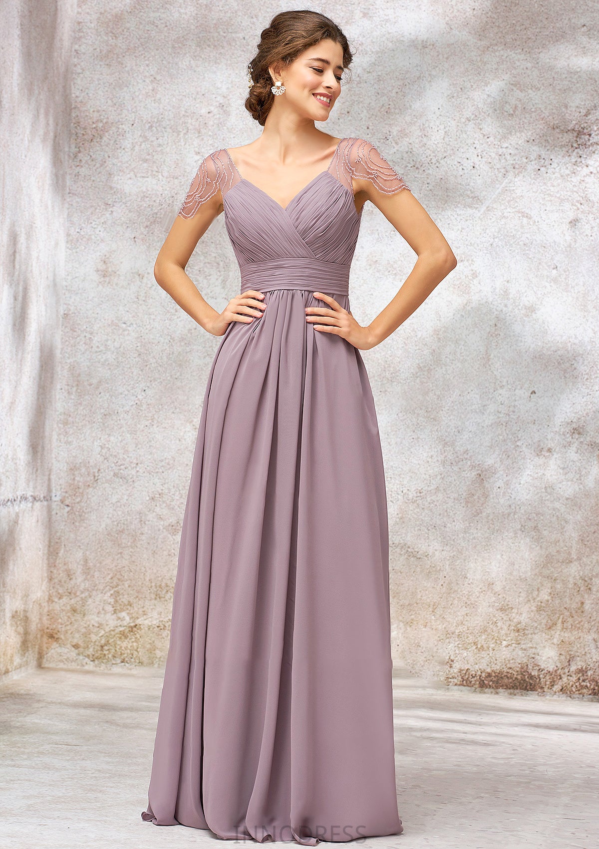 V Neck Long/Floor-Length Chiffon A-line/Princess Bridesmaid Dresses With Pleated Beading Felicity DPP0025416