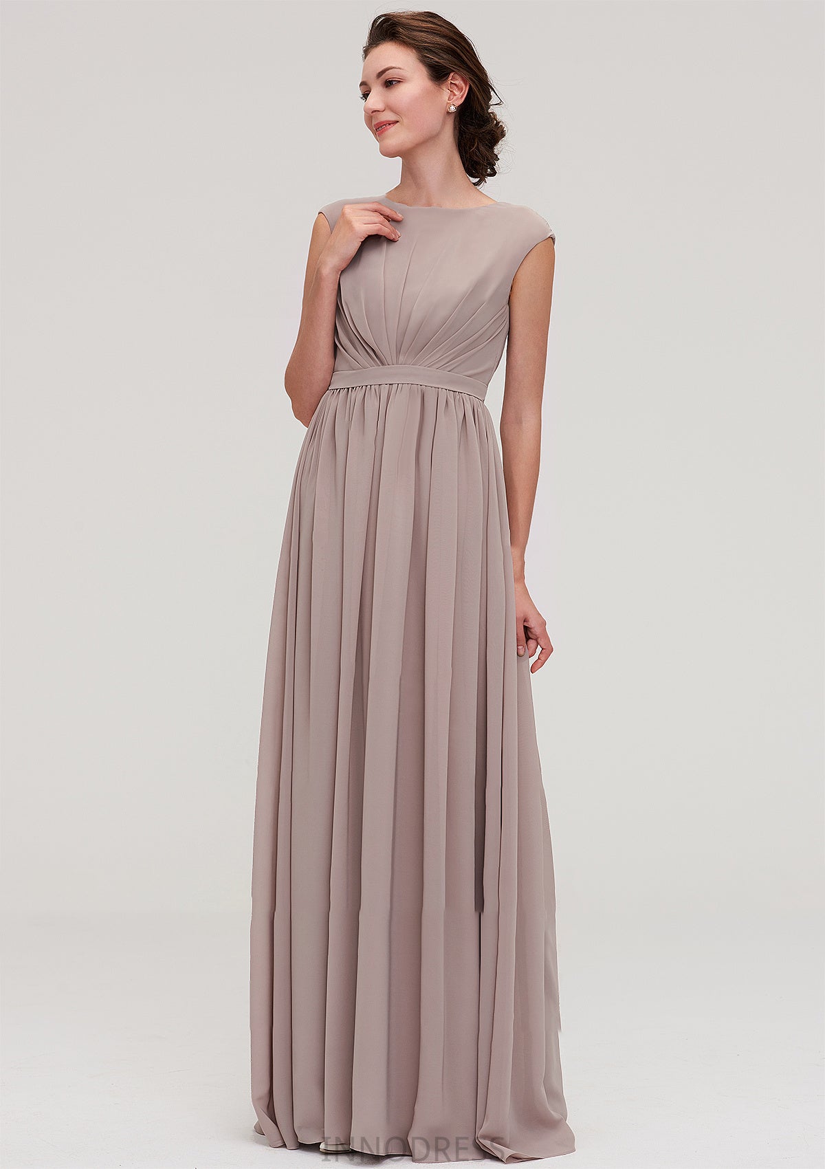 Bateau Sleeveless A-line/Princess Chiffon Long/Floor-Length Bridesmaid Dresses With Pleated Shyann DPP0025420