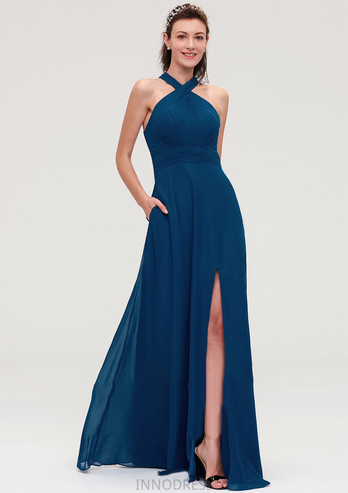 Scalloped Neck Sleeveless A-line/Princess Chiffon Long/Floor-Length Bridesmaid Dresseses With Split Pleated Hana DPP0025424