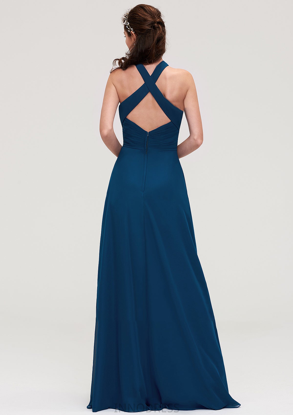 Scalloped Neck Sleeveless A-line/Princess Chiffon Long/Floor-Length Bridesmaid Dresseses With Split Pleated Hana DPP0025424