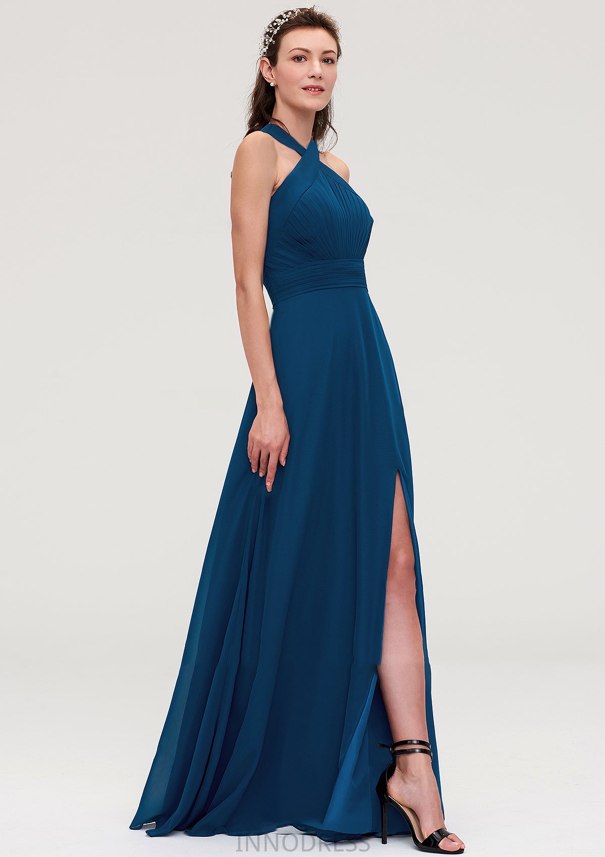 Scalloped Neck Sleeveless A-line/Princess Chiffon Long/Floor-Length Bridesmaid Dresseses With Split Pleated Hana DPP0025424