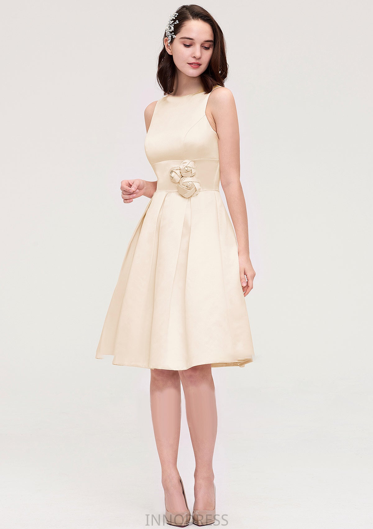 Sleeveless Bateau Knee-Length Satin A-line/Princess Bridesmaid Dresses With Pleated Flowers Meg DPP0025425