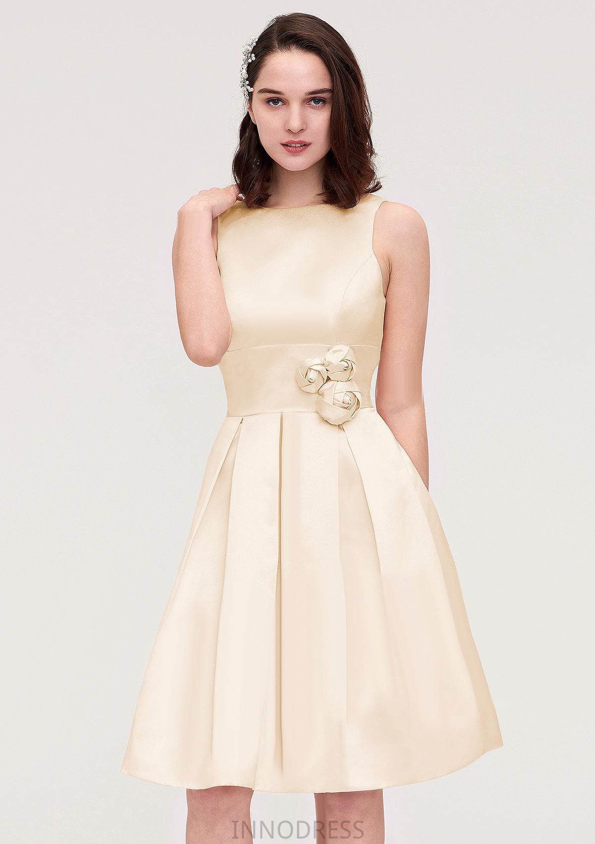 Sleeveless Bateau Knee-Length Satin A-line/Princess Bridesmaid Dresses With Pleated Flowers Meg DPP0025425