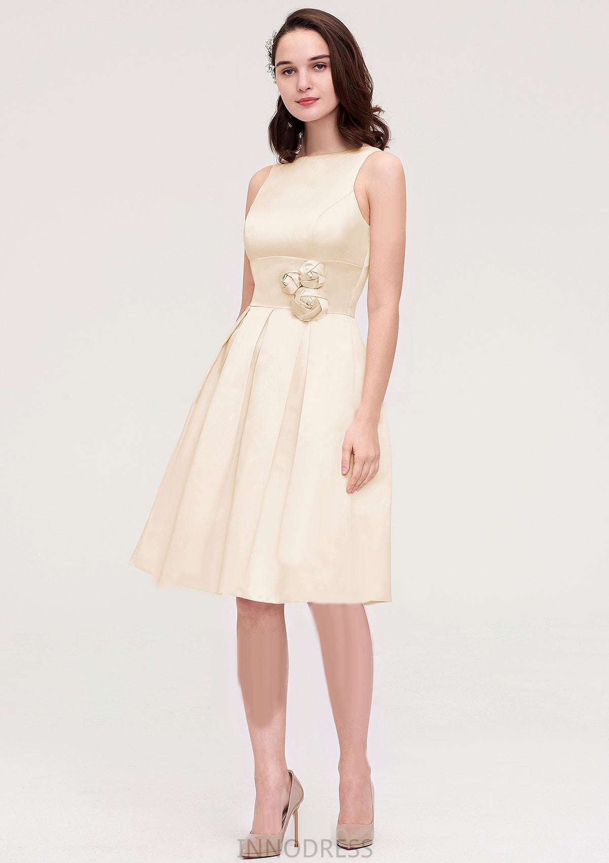 Sleeveless Bateau Knee-Length Satin A-line/Princess Bridesmaid Dresses With Pleated Flowers Meg DPP0025425