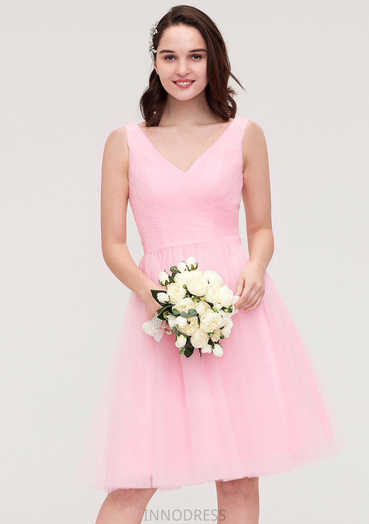 Sleeveless V Neck Knee-Length Tulle A-line/Princess Bridesmaid Dresses With Pleated Tiffany DPP0025426