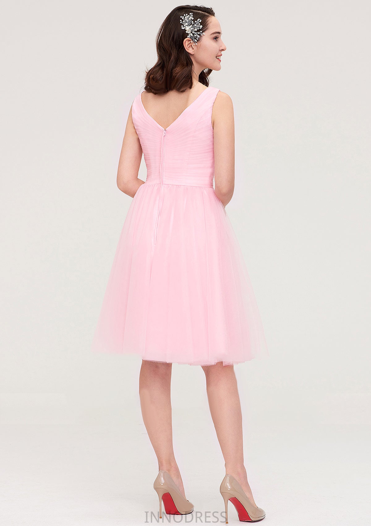 Sleeveless V Neck Knee-Length Tulle A-line/Princess Bridesmaid Dresses With Pleated Tiffany DPP0025426