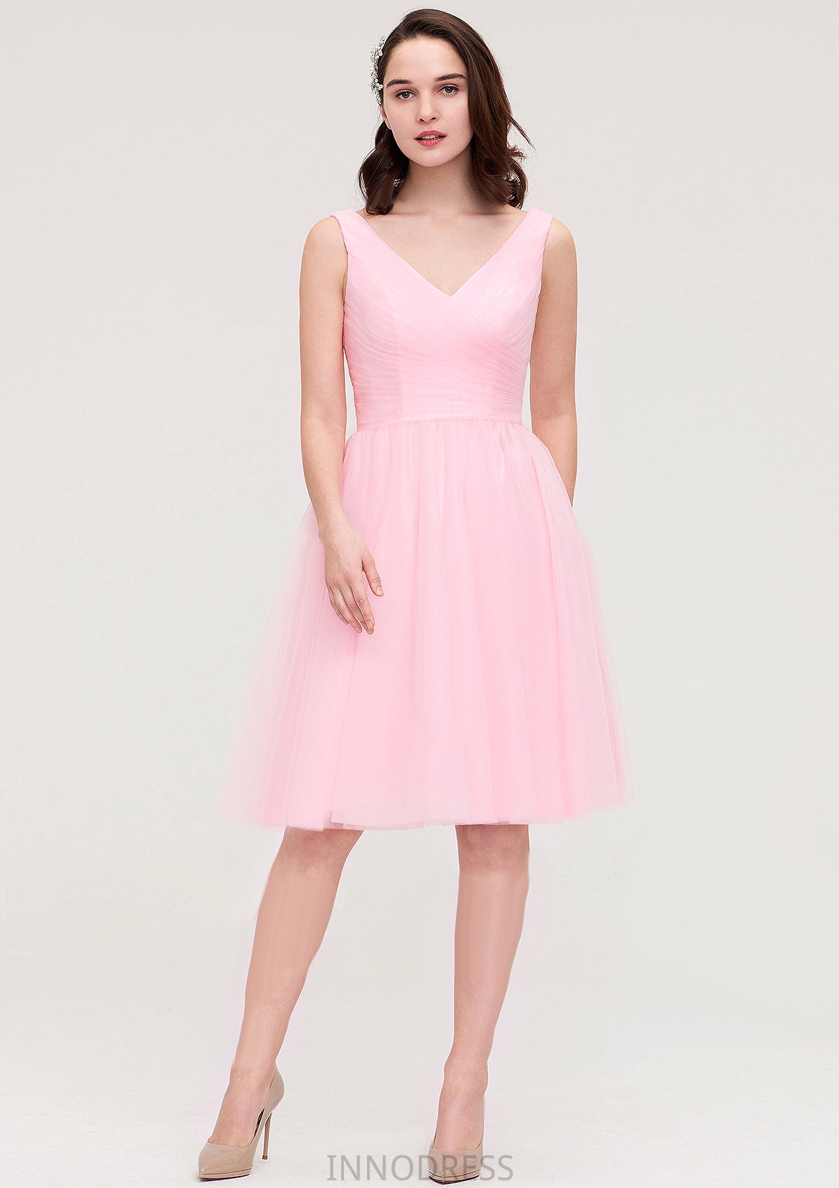 Sleeveless V Neck Knee-Length Tulle A-line/Princess Bridesmaid Dresses With Pleated Tiffany DPP0025426