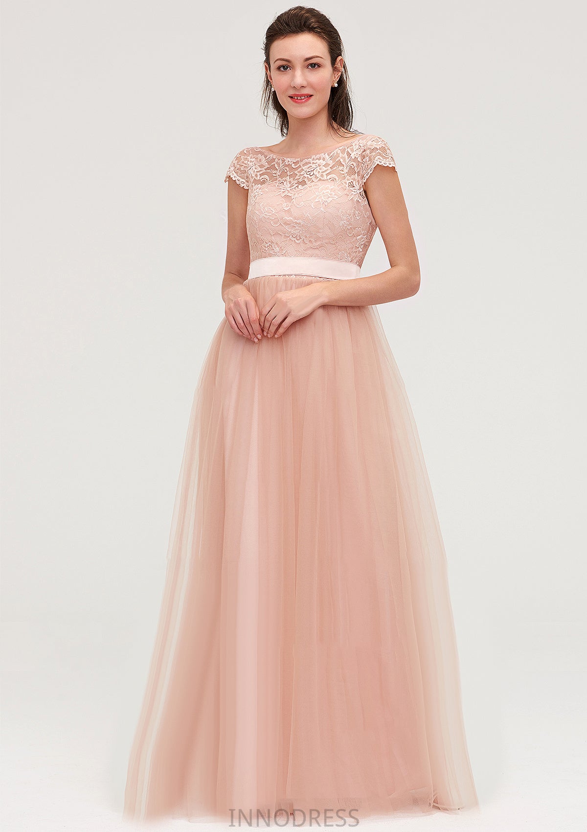 Bateau Sleeveless Tulle A-line/Princess Long/Floor-Length Bridesmaid Dresseses With Sashes Lace Marissa DPP0025427