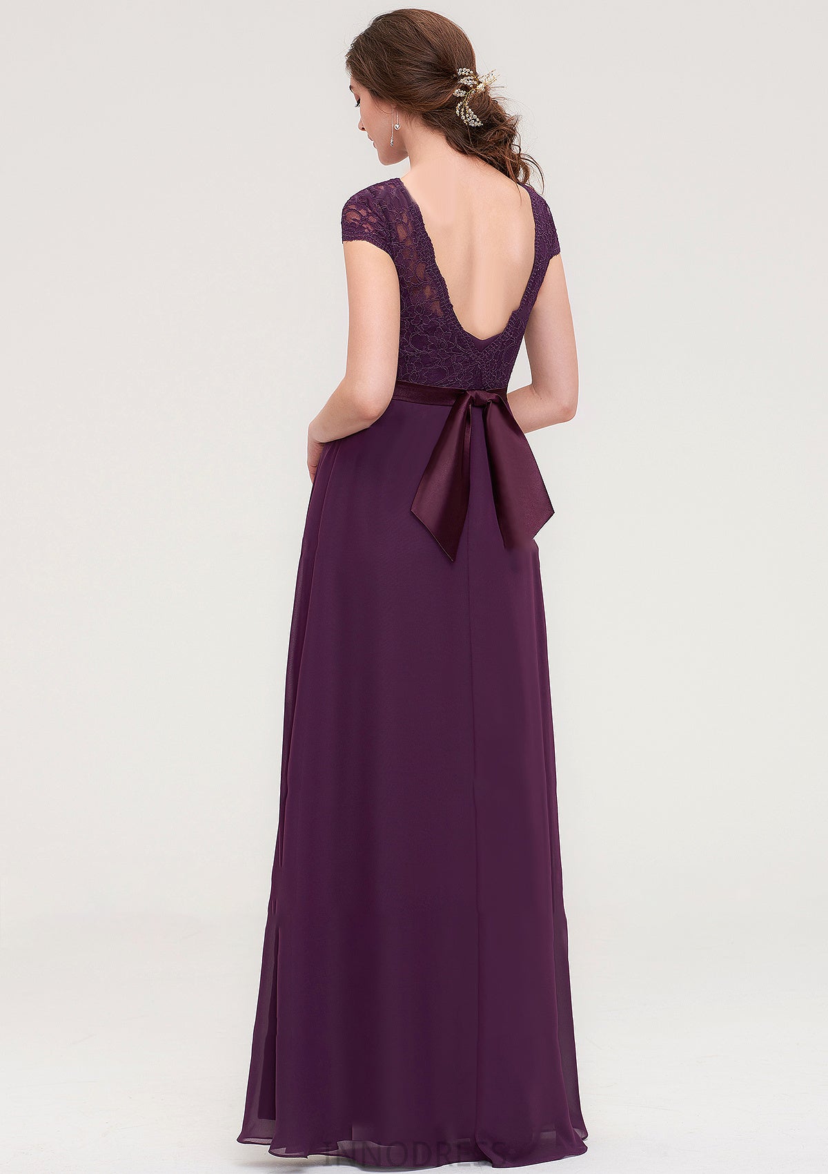 Short Sleeve Bateau Long/Floor-Length  Chiffon A-line/Princess Bridesmaid Dresses With Sashes Lace Quintina DPP0025428