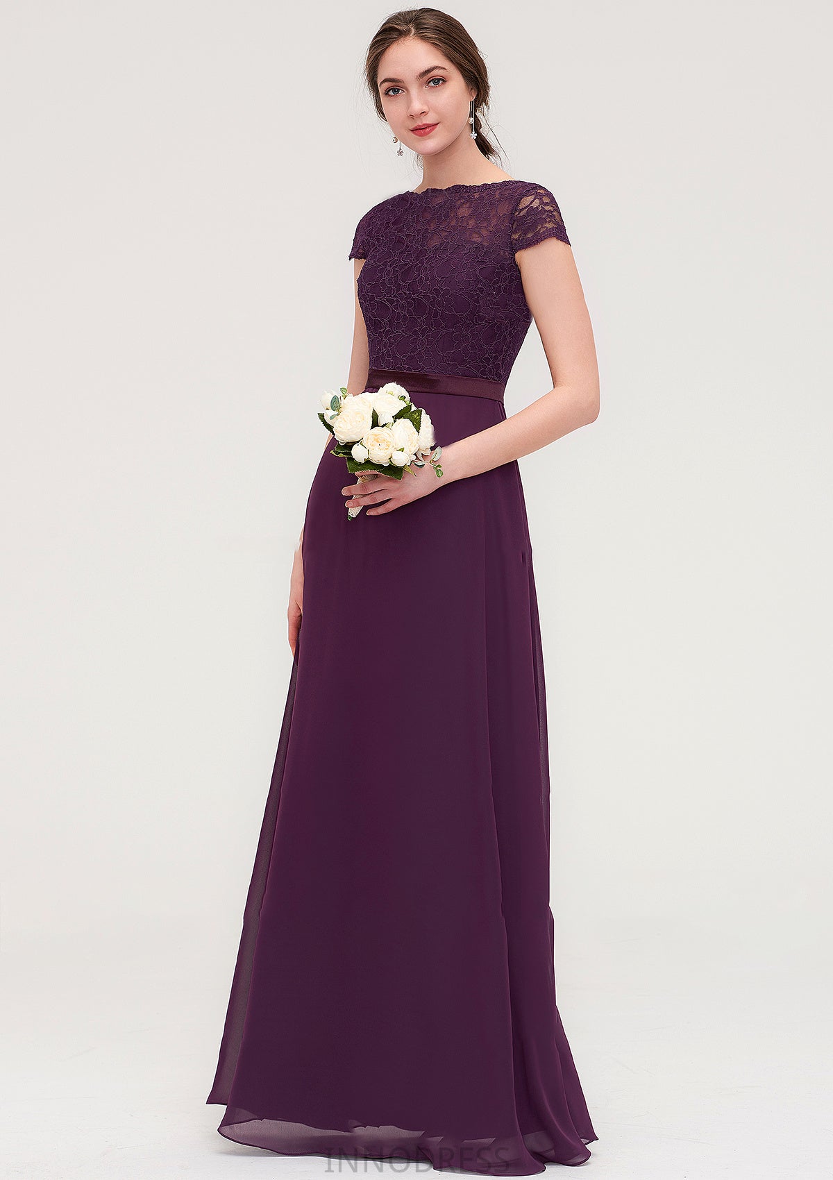 Short Sleeve Bateau Long/Floor-Length  Chiffon A-line/Princess Bridesmaid Dresses With Sashes Lace Quintina DPP0025428