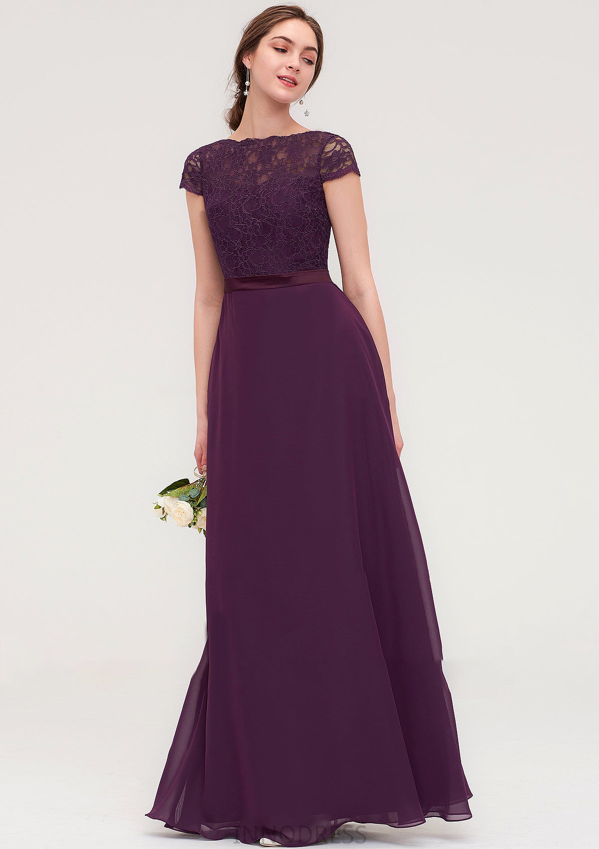 Short Sleeve Bateau Long/Floor-Length  Chiffon A-line/Princess Bridesmaid Dresses With Sashes Lace Quintina DPP0025428