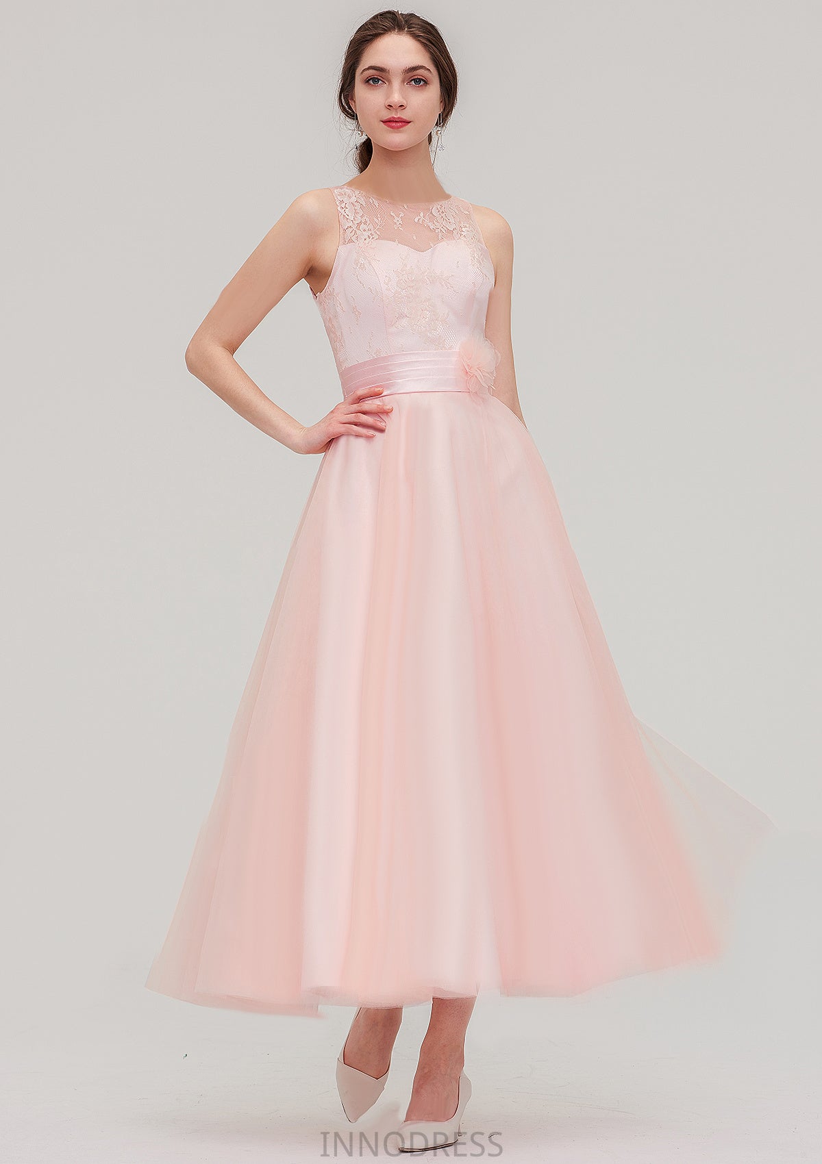 Tea-Length Sleeveless Bateau Tulle A-line/Princess Bridesmaid Dresses With Waistband Lace Emilia DPP0025429