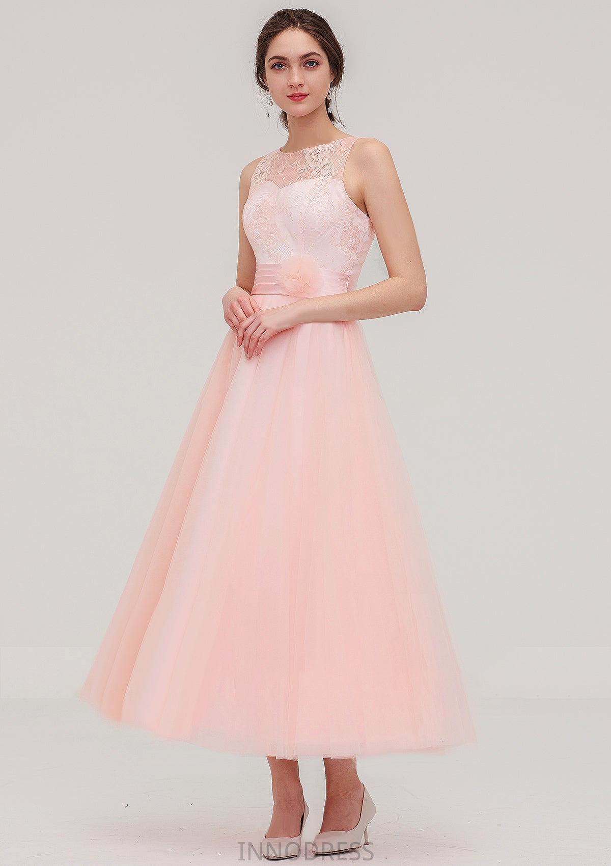 Tea-Length Sleeveless Bateau Tulle A-line/Princess Bridesmaid Dresses With Waistband Lace Emilia DPP0025429