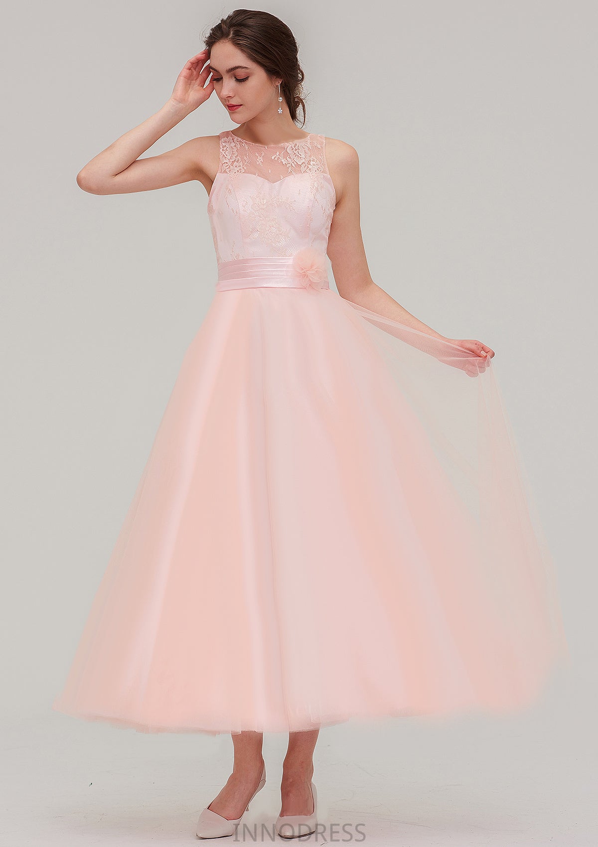 Tea-Length Sleeveless Bateau Tulle A-line/Princess Bridesmaid Dresses With Waistband Lace Emilia DPP0025429