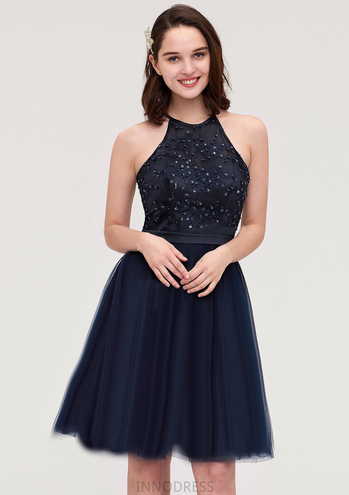 Sleeveless Halter Knee-Length Tulle A-line/Princess Bridesmaid Dresses With Sequins Appliqued Sashes London DPP0025430