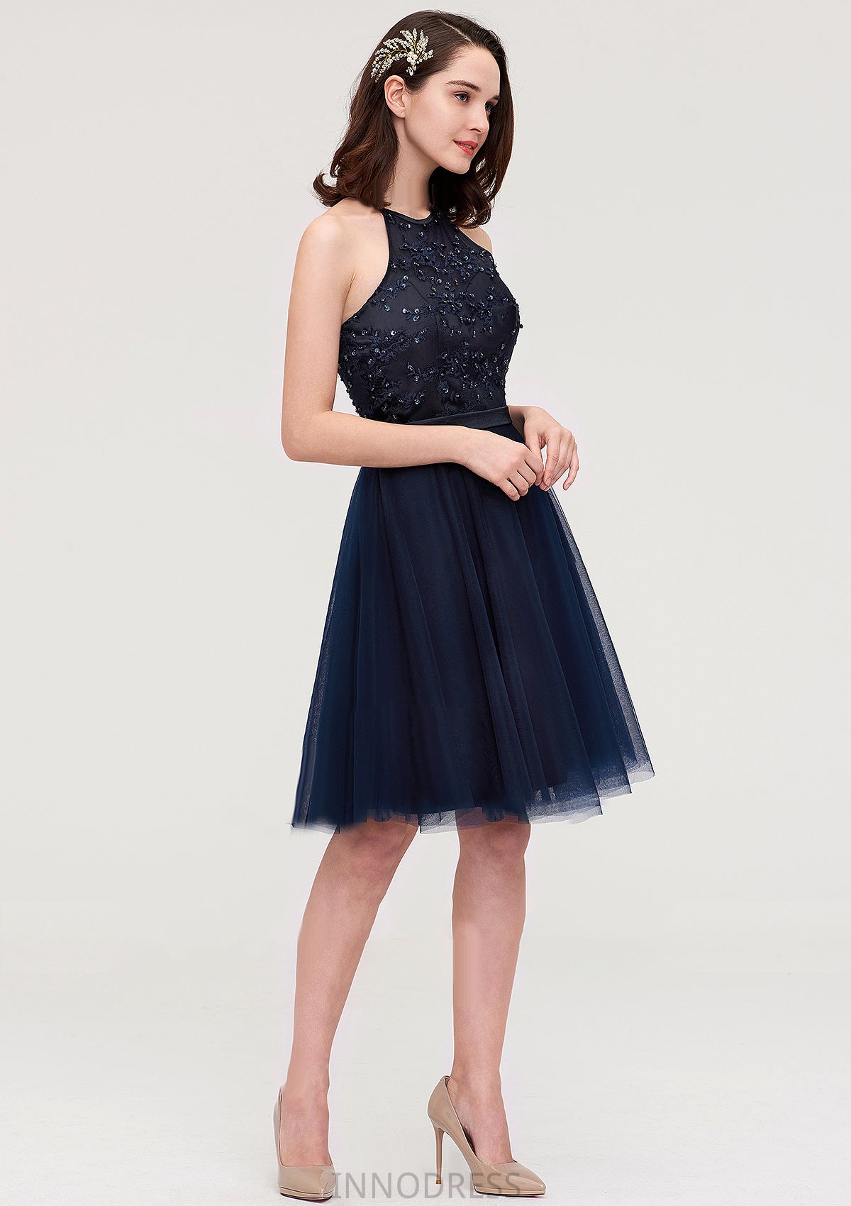 Sleeveless Halter Knee-Length Tulle A-line/Princess Bridesmaid Dresses With Sequins Appliqued Sashes London DPP0025430