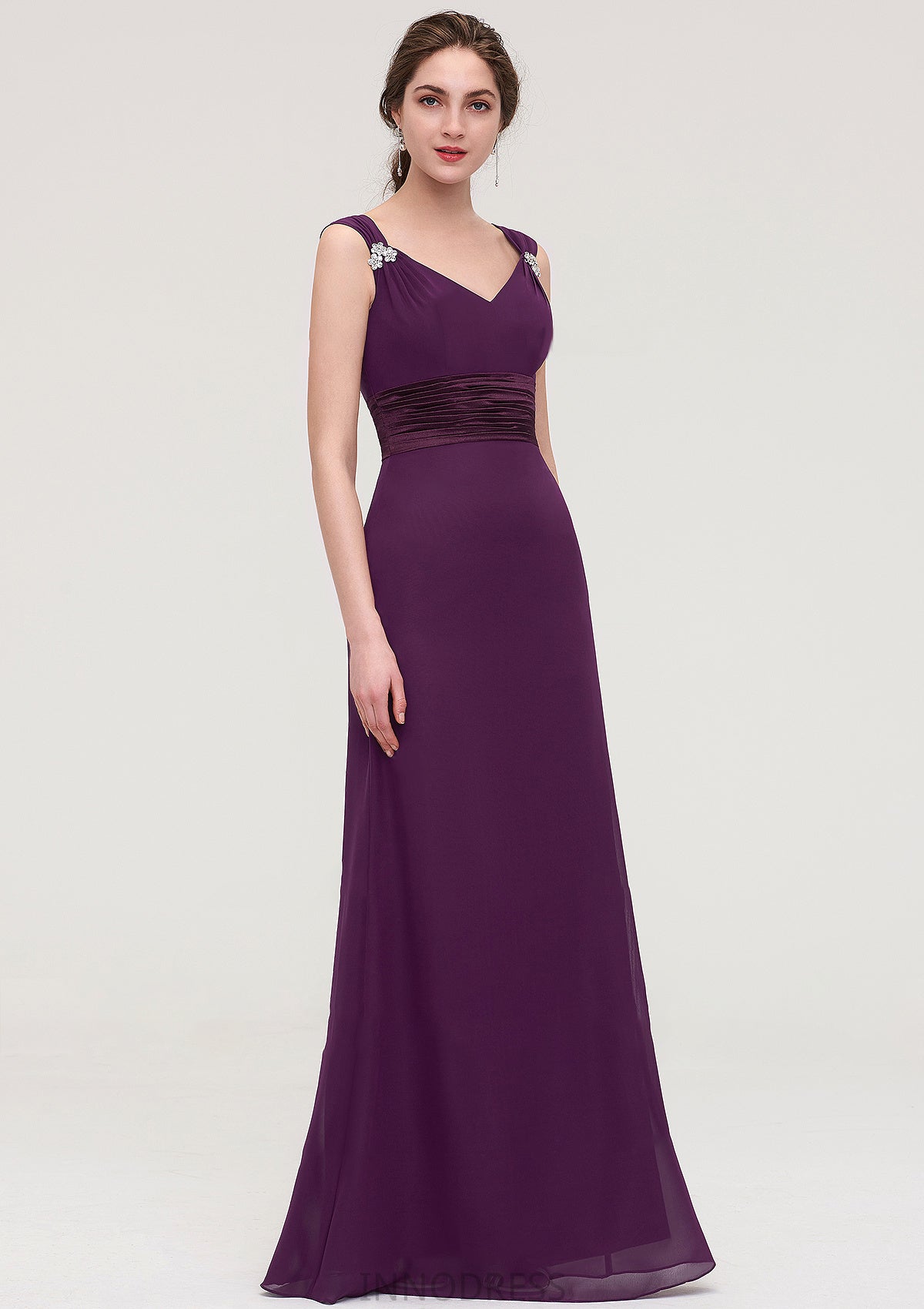 Sleeveless V Neck Long/Floor-Length Sheath/Column Chiffon Bridesmaid Dresses With Sashes Beading Pleated Iris DPP0025432