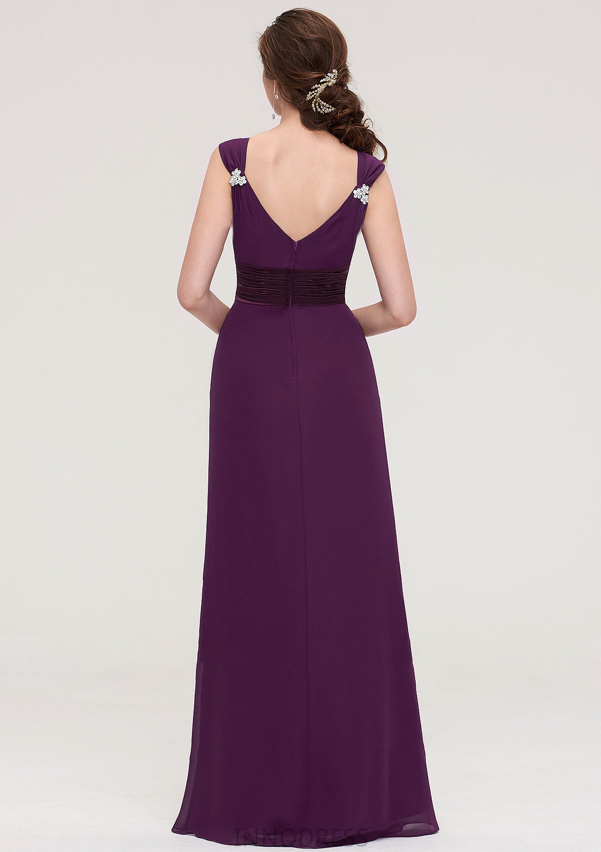 Sleeveless V Neck Long/Floor-Length Sheath/Column Chiffon Bridesmaid Dresses With Sashes Beading Pleated Iris DPP0025432