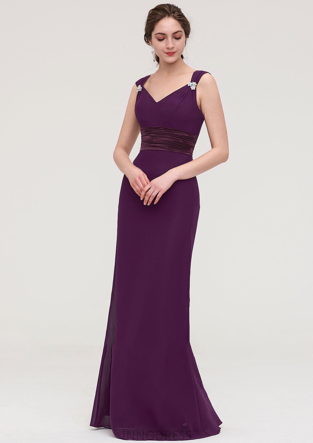 Sleeveless V Neck Long/Floor-Length Sheath/Column Chiffon Bridesmaid Dresses With Sashes Beading Pleated Iris DPP0025432