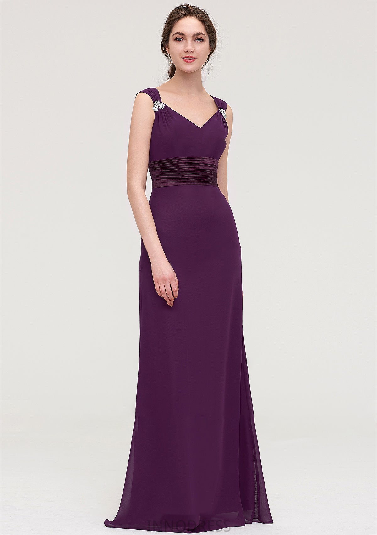 Sleeveless V Neck Long/Floor-Length Sheath/Column Chiffon Bridesmaid Dresses With Sashes Beading Pleated Iris DPP0025432