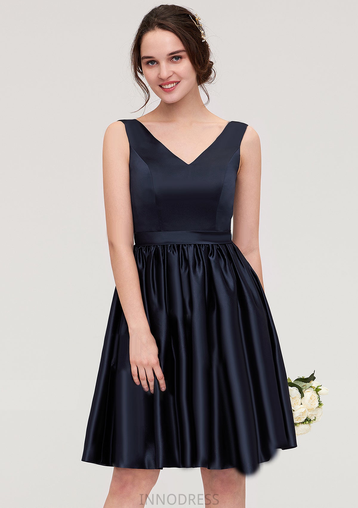 V Neck Sleeveless A-line/Princess Knee-Length Satin Bridesmaid Dresses With Pleated Alyssa DPP0025433