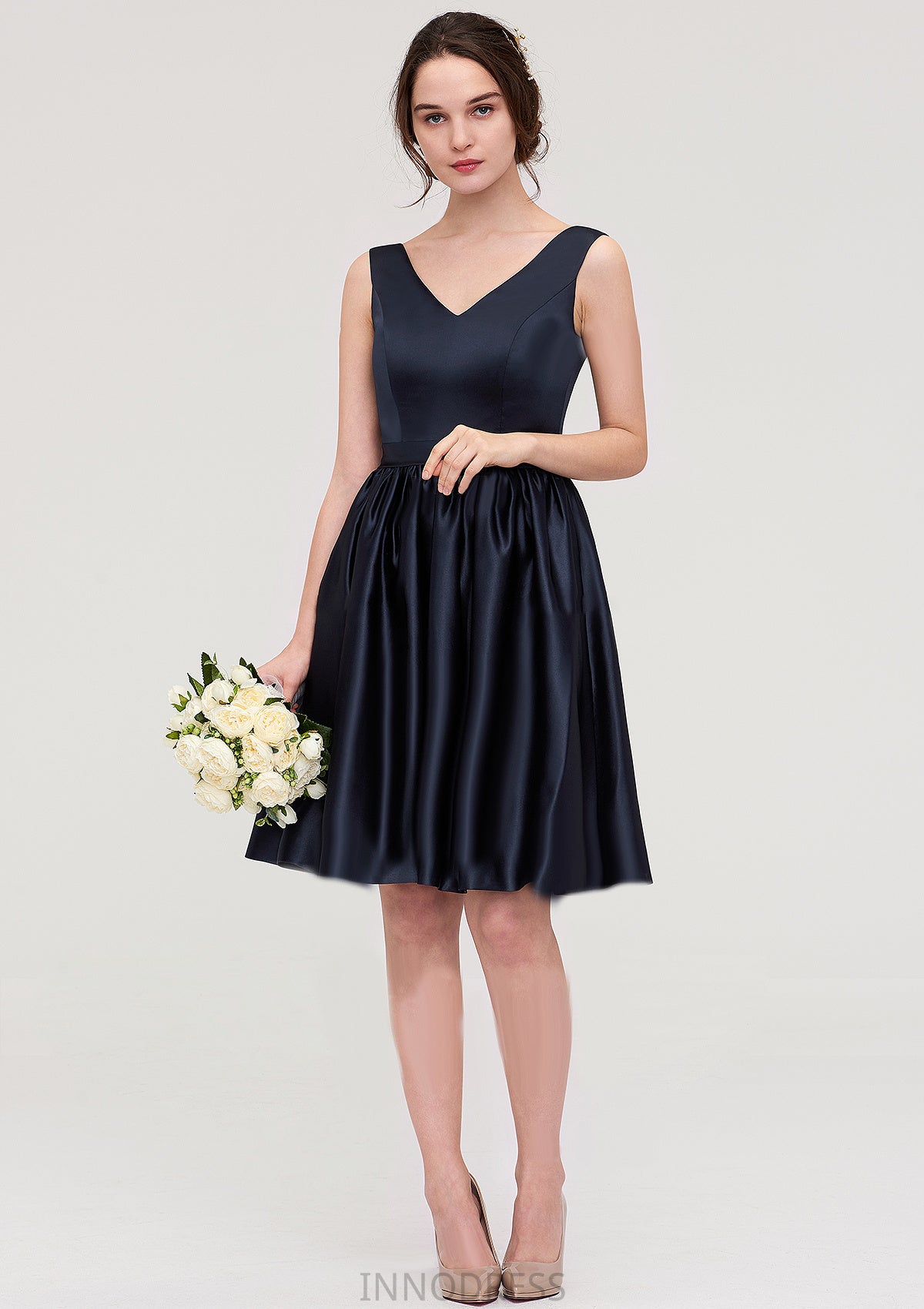 V Neck Sleeveless A-line/Princess Knee-Length Satin Bridesmaid Dresses With Pleated Alyssa DPP0025433