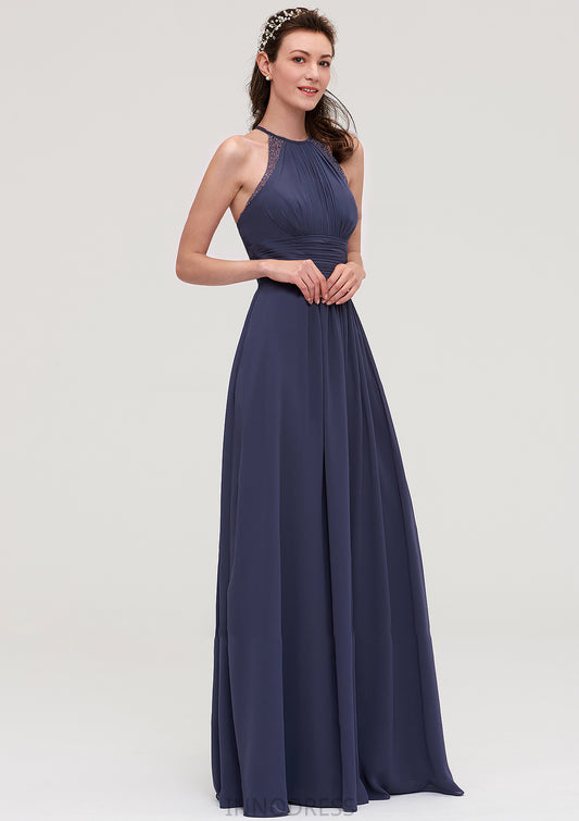 Scoop Neck Sleeveless A-line/Princess Chiffon Long/Floor-Length Bridesmaid Dresseses With Pleated Appliqued Emmy DPP0025439