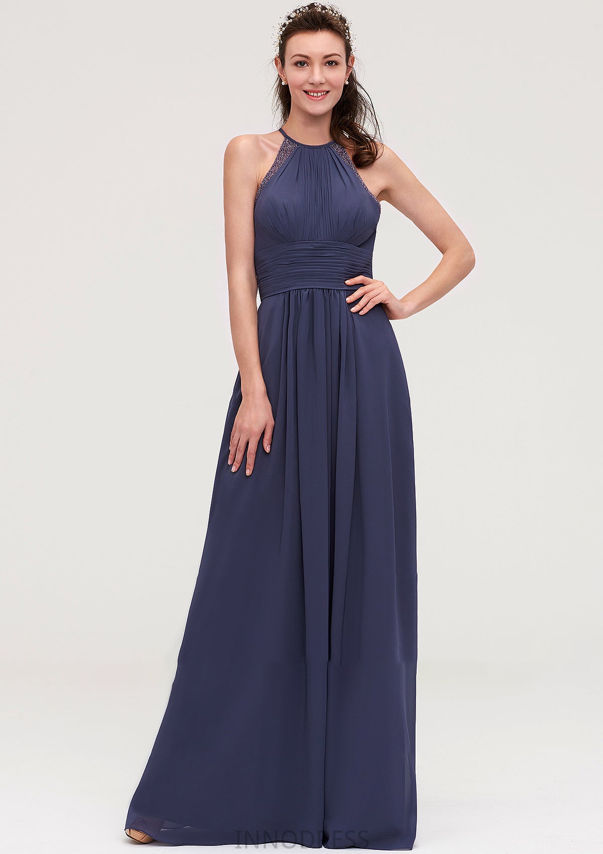 Scoop Neck Sleeveless A-line/Princess Chiffon Long/Floor-Length Bridesmaid Dresseses With Pleated Appliqued Emmy DPP0025439