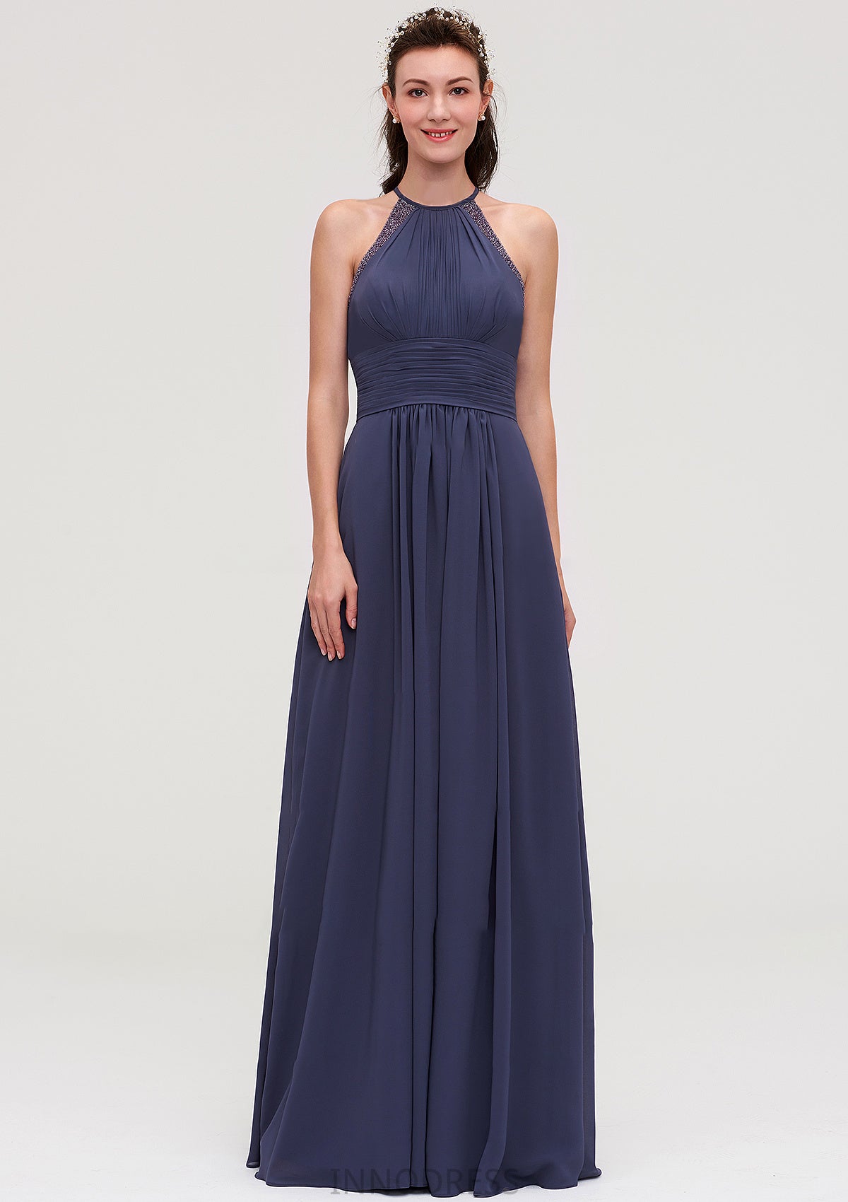 Scoop Neck Sleeveless A-line/Princess Chiffon Long/Floor-Length Bridesmaid Dresseses With Pleated Appliqued Emmy DPP0025439