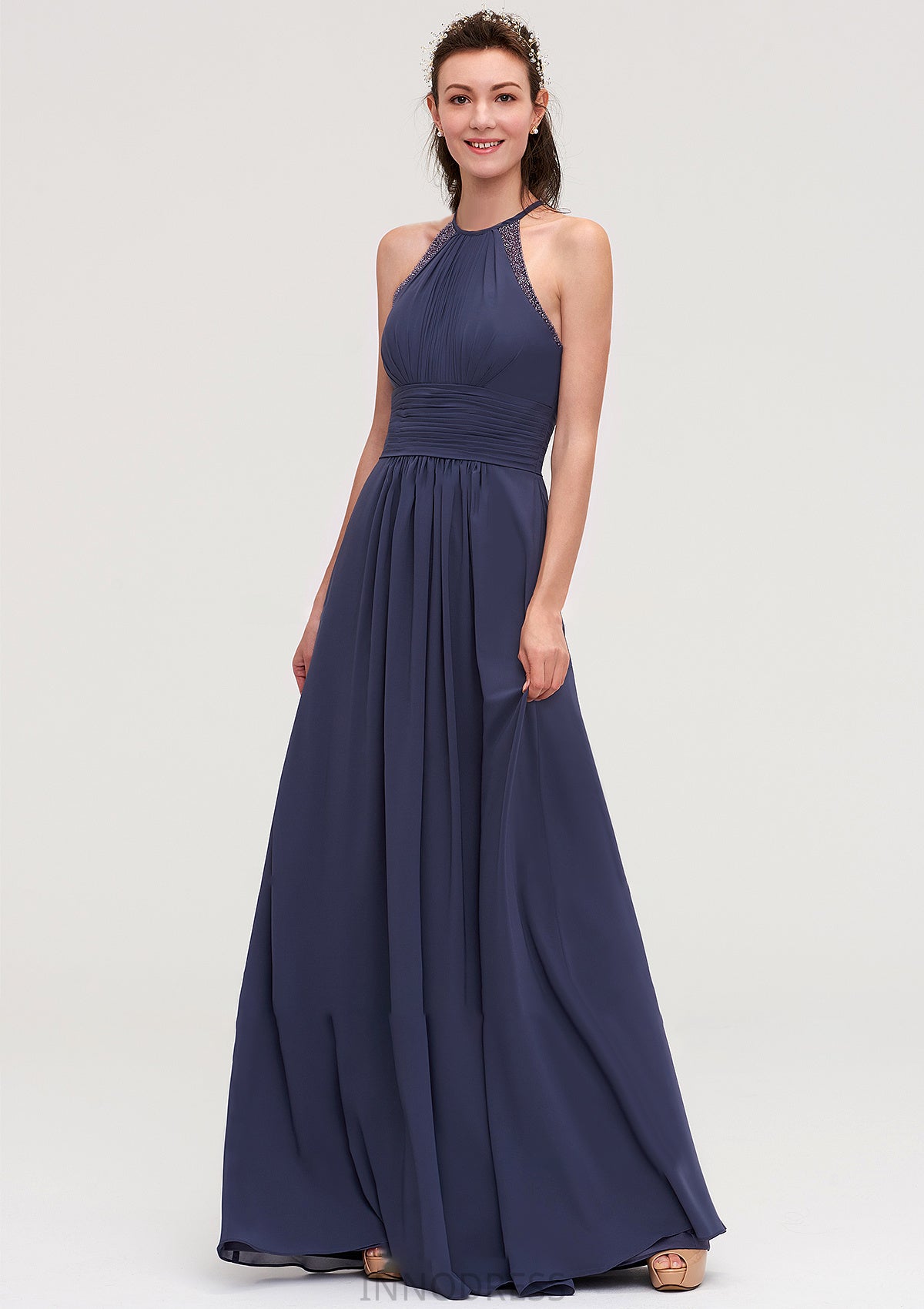 Scoop Neck Sleeveless A-line/Princess Chiffon Long/Floor-Length Bridesmaid Dresseses With Pleated Appliqued Emmy DPP0025439