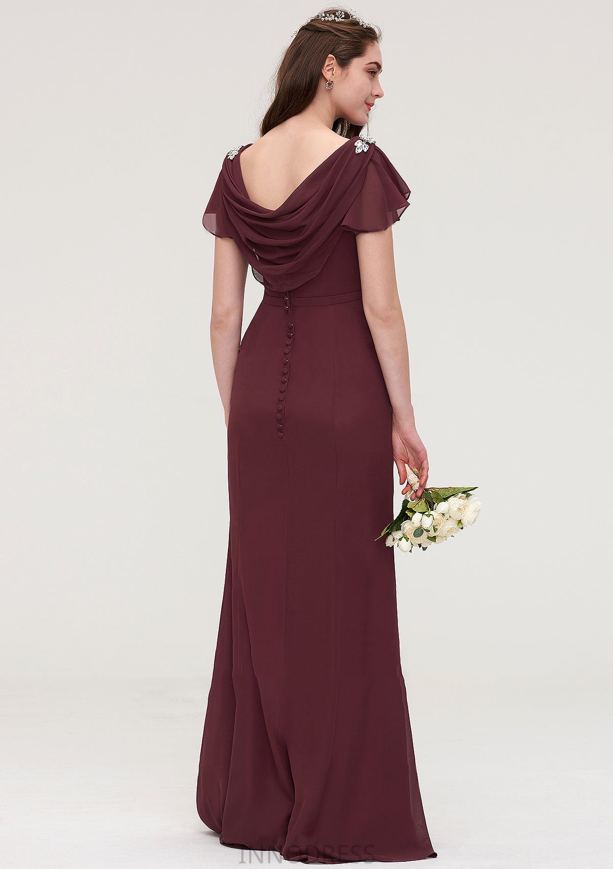 Short Sleeve Bateau Long/Floor-Length Sheath/Column Chiffon Bridesmaid Dresses With Crystal Detailing Sashes Krista DPP0025440